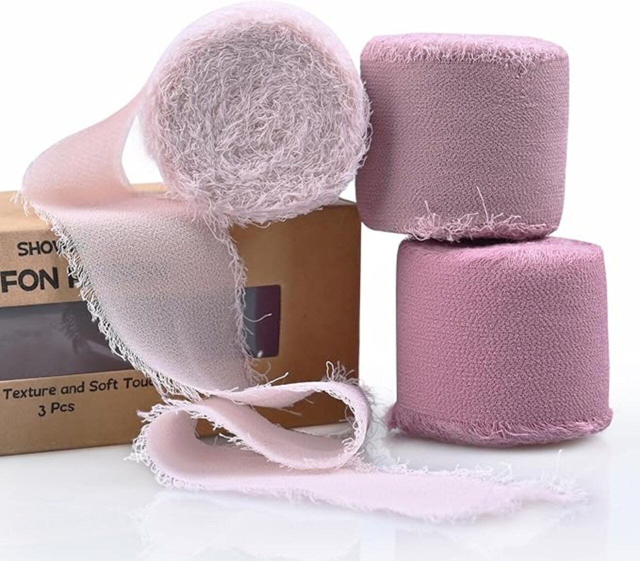 3 Rolls Dusty Rose Handmade Fringe Chiffon Ribbon 1.5 Inch x 7 Yard Silk-Like Ribbon Colorful Rustic Ribbon for Bouquets Wrapping Decor Wedding Invitation Accessories